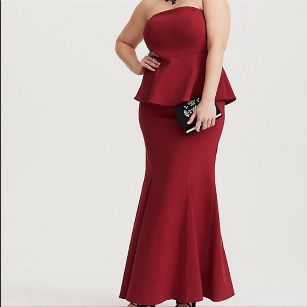 Torrid strapless red peplum gown